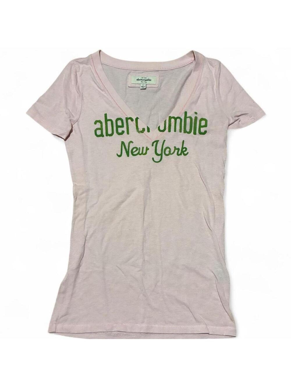 Vintage Abercrombie & Fitch Pink Green Logo V Neck Tee Y2K Large
